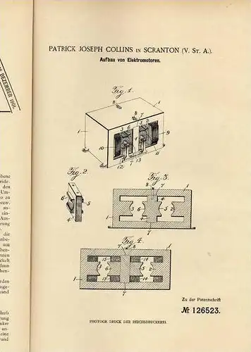 Original Patentschrift - P.J. Collins in Scranton , USA , Elektromotor , 1900 !!!