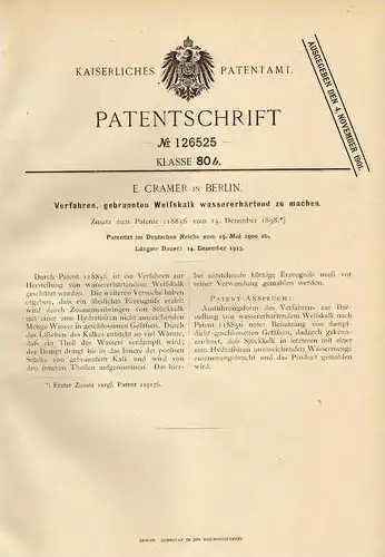 Original Patentschrift - E.Cramer in Berlin , wasserhärtender Weißkalk , 1900 !!!