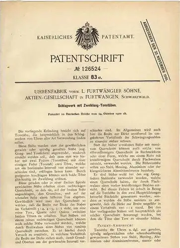 Original Patentschrift -  Uhrenfabrik , L. Furtwängler & Söhne AG in Furtwangen , 1900, Schwarzwald , Schlagwerk !!!