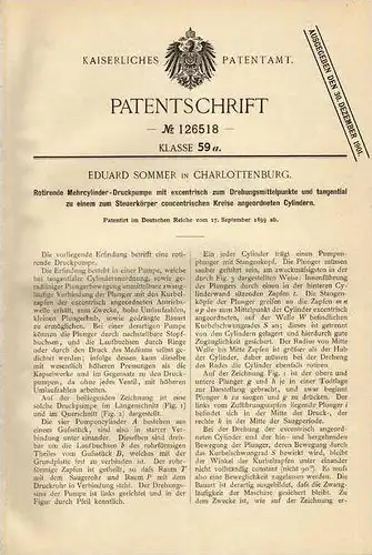 Original Patentschrift - Eduard Sommer in Charlottenburg , 1899 , Mehrcylinder - Druckpumpe , Berlin