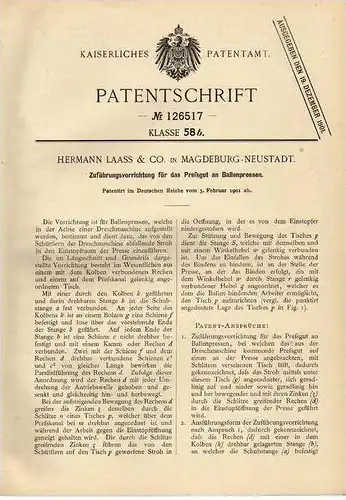 Original Patentschrift - H. Laass & Co in Magdeburg - Neustadt ,1901,  Ballenpresse , Landwirtschaft !!!