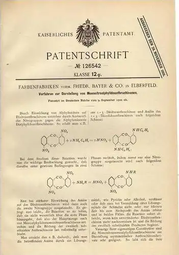 Original Patentschrift - Farbenfabriken , Bayer & Co in Elberfeld ,1900, Mononitroalphylidoanthrac , Wuppertal !!