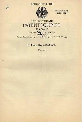 Original Patentschrift - Fr, Drabert Söhne in Minden i.W. , 1934 , Drehstuhl , Stuhl , Büro , Möbel !!!