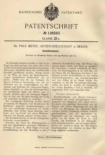 Original Patentschrift - Dr. Paul Meyer in Berlin , Voltmeter , 1901 , Elektriker , Elektrik !!!