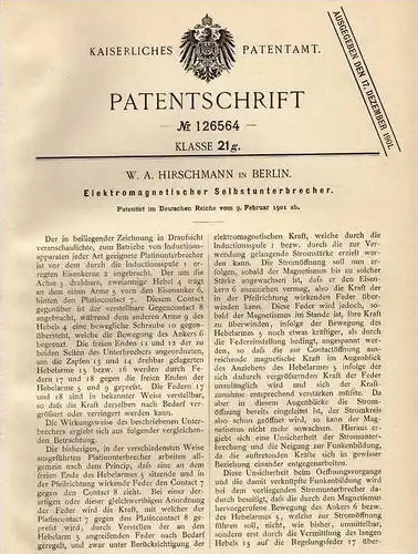 Original Patentschrift -  W.A. Hirschmann in Berlin , Unterbrecher , 1901 , Elektrik , Platin !!!