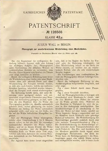 Original Patentschrift - Julius Wall in Berlin , Phonograph , 1901 , Grammophon , Musik !!!