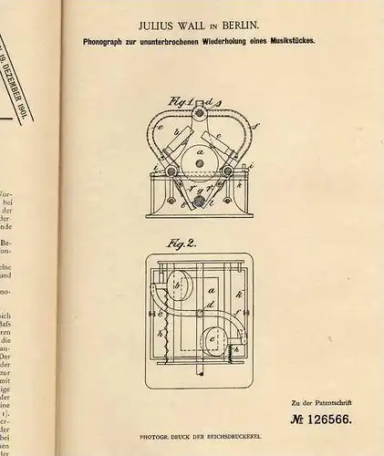 Original Patentschrift - Julius Wall in Berlin , Phonograph , 1901 , Grammophon , Musik !!!