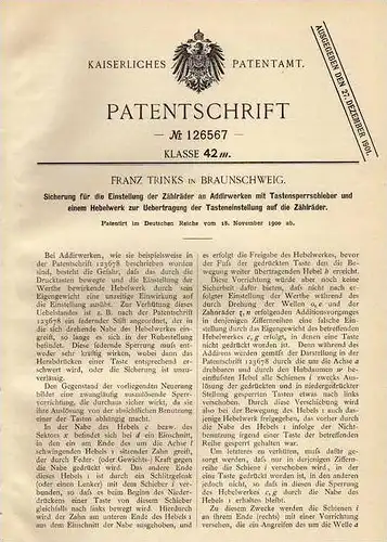Original Patentschrift -  Franz Trinks in Braunschweig , Schreibmaschine , 1900 , typewriter , machine à écrire !!!