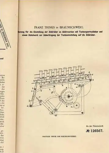 Original Patentschrift -  Franz Trinks in Braunschweig , Schreibmaschine , 1900 , typewriter , machine à écrire !!!