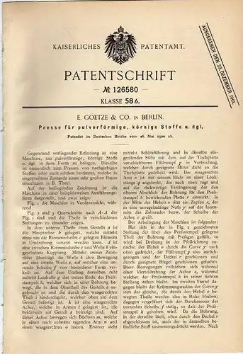 Original Patentschrift -  E. Goetze & Co in Berlin , 1900 , Presse für Tee !!!