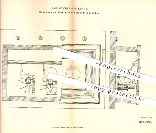 original Patent - Emil Röschke in Zittau , 1880 , elektrischer Haustelegraph | Telegraph , Telegraf , Strom , Elektrik !