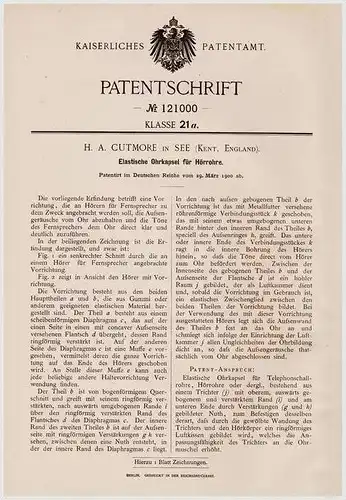 Original Patentschrift - H.A. Cutmore in See , Kent , 1900 , Kapsel für Hörrohr , Telephon !!!
