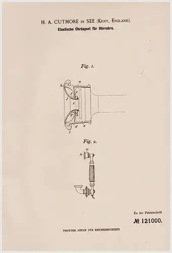 Original Patentschrift - H.A. Cutmore in See , Kent , 1900 , Kapsel für Hörrohr , Telephon !!!