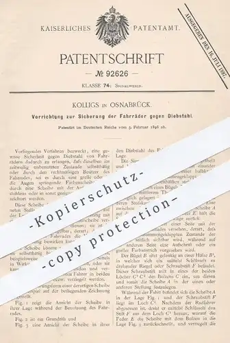 original Patent - Kolligs , Osnabrück , 1896 , Sicherung der Fahrräder gegen Diebstahl | Fahrrad - Schloss | Signal !!