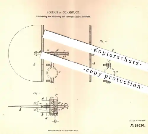 original Patent - Kolligs , Osnabrück , 1896 , Sicherung der Fahrräder gegen Diebstahl | Fahrrad - Schloss | Signal !!