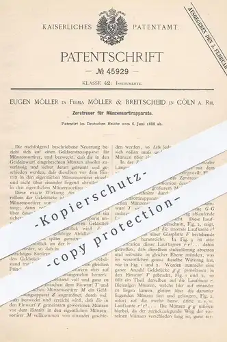 original Patent - Eugen Möller | Möller & Breitscheid , Köln / Rhein , 1888 , Zerstreuer für Münzensortierer | Münzen