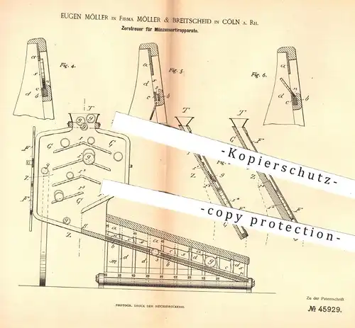 original Patent - Eugen Möller | Möller & Breitscheid , Köln / Rhein , 1888 , Zerstreuer für Münzensortierer | Münzen