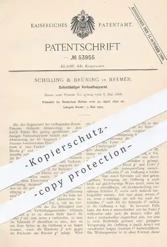 original Patent - Schilling & Brüning , Bremen  1890 , Selbsttätiger Verkaufsapparat | Verkaufsautomat , Automat , Kasse