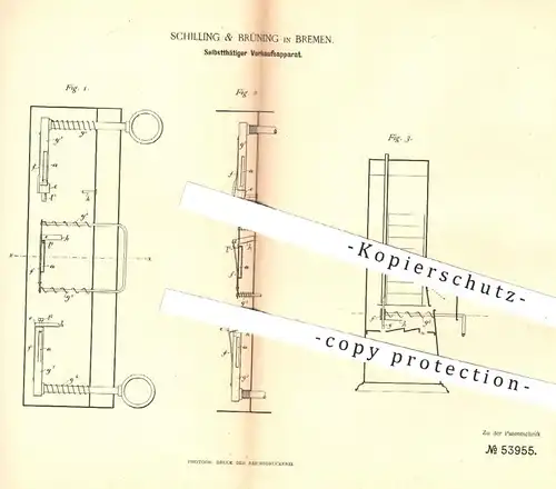 original Patent - Schilling & Brüning , Bremen  1890 , Selbsttätiger Verkaufsapparat | Verkaufsautomat , Automat , Kasse