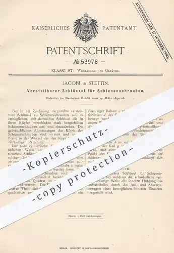 original Patent - Jacobi , Stettin , 1890 , Schlüssel für Schienenschrauben | Werkzeug , Schrauben , Metall , Schlosser