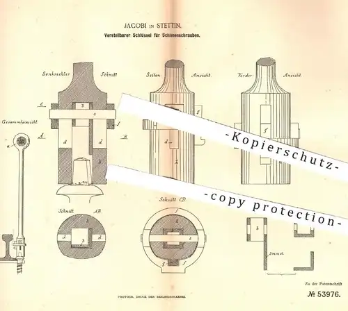 original Patent - Jacobi , Stettin , 1890 , Schlüssel für Schienenschrauben | Werkzeug , Schrauben , Metall , Schlosser