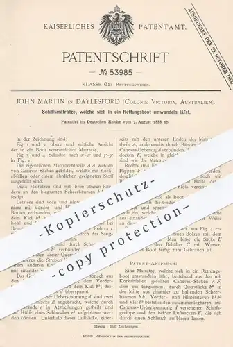 original Patent - John Martin , Daylesford , Colonie Victoria , Australien , 1888 , Schiffsmatratze als Rettungsboot !!