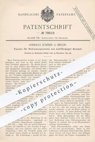 original Patent - Andreas Söhner , Berlin , 1893 , Tasche für Patronenpakete | Patronen , Waffen , Gewehr , Revolver !!!