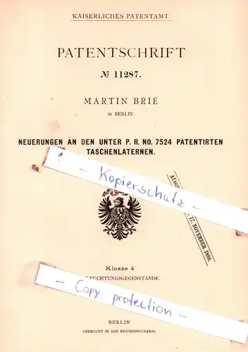 original Patent -  Martin Brie in Berlin , 1879 , Neuerungen an den Taschenlaternen !!!