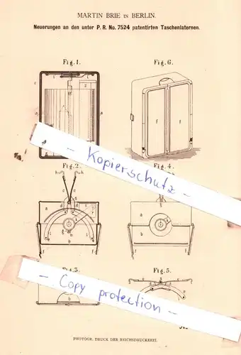 original Patent -  Martin Brie in Berlin , 1879 , Neuerungen an den Taschenlaternen !!!