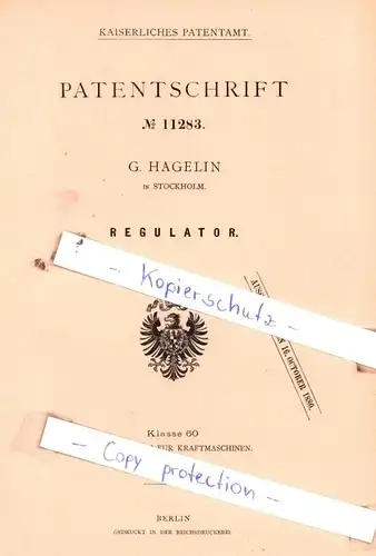 original Patent - G. Hagelin in Stockholm , 1880 , Regulator !!!