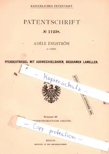 original Patent - Adèle Engström in Paris , 1880 , Pferdestriegel mit Lamellen !!!