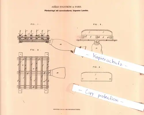 original Patent - Adèle Engström in Paris , 1880 , Pferdestriegel mit Lamellen !!!