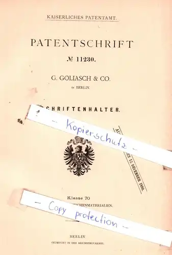 original Patent - G. Goliasch & Co. in Berlin , 1880 , Schriftenhalter !!!