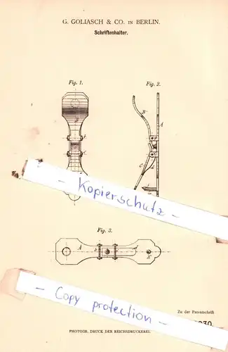 original Patent - G. Goliasch & Co. in Berlin , 1880 , Schriftenhalter !!!