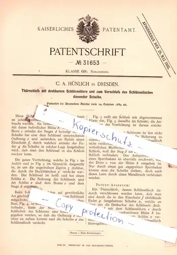 original Patent - C. A. Hünlich in Dresden , 1884 , Thürschloß mit drehbarem Schlüsseldorn , Fenster und Türenbau !!!