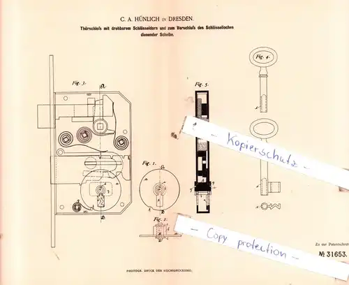 original Patent - C. A. Hünlich in Dresden , 1884 , Thürschloß mit drehbarem Schlüsseldorn , Fenster und Türenbau !!!