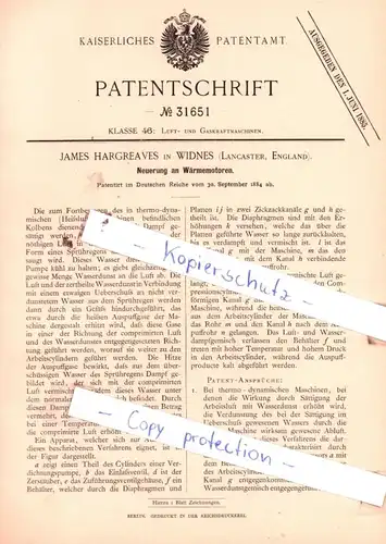 original Patent - James Hargreaves in Widnes , Lancaster, England , 1884 , Neuerung an Wärmemotoren !!!