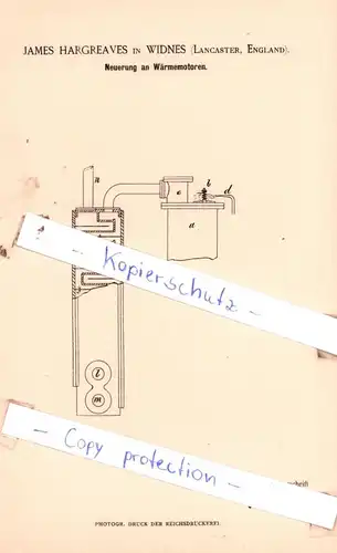 original Patent - James Hargreaves in Widnes , Lancaster, England , 1884 , Neuerung an Wärmemotoren !!!