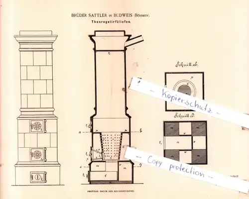 original Patent - Brüder Sattler in Budweis , Böhmen , 1884 , Thonregulirfüllofen, Heizungsanlagen !!!