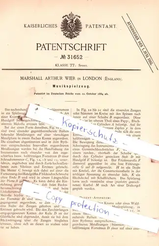 original Patent - Marshall Arthur Wier in London , England , 1884 , Musikspielzeug !!!