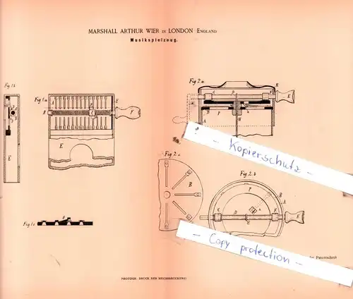 original Patent - Marshall Arthur Wier in London , England , 1884 , Musikspielzeug !!!