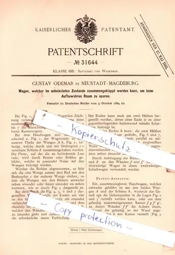 original Patent - Gustav Odemar in Neustadt-Magdeburg , 1884 , Sattlerei und Wagenbau !!!