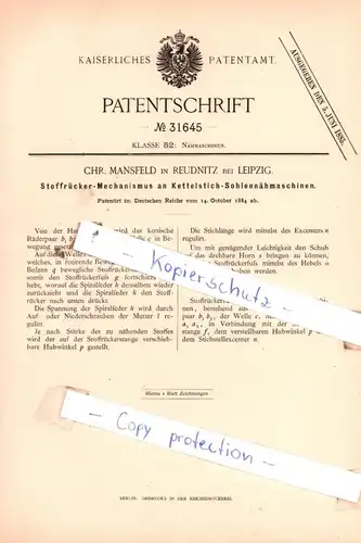 original Patent - Chr. Mansfeld in Reudnitz bei Leipzig , 1884 , Kettelstich-Sohlennähmaschinen !!!