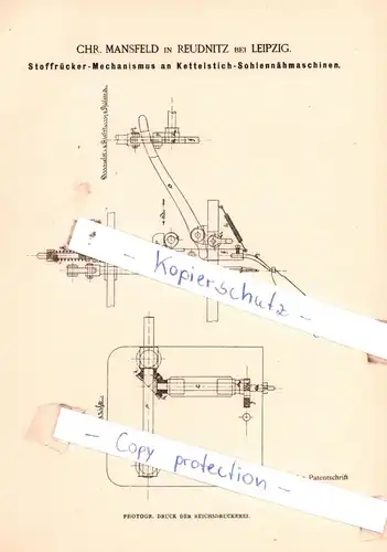 original Patent - Chr. Mansfeld in Reudnitz bei Leipzig , 1884 , Kettelstich-Sohlennähmaschinen !!!