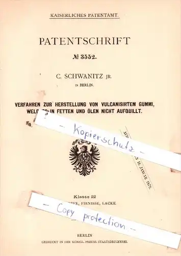 Original Patent  - C. Schwanitz jr. in Berlin , 1877 , Herstellung von vulcanisirtem Gummi !!!
