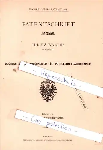 Original Patent  - J. Walter in Schleiz , 1878 , Dochtschnuppen-Abschneider !!!