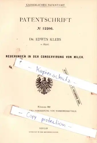 Original Patent  - Dr. Edwin Klebs in Prag ,1880 , Neuerungen in der Conservirung von Milch !!!