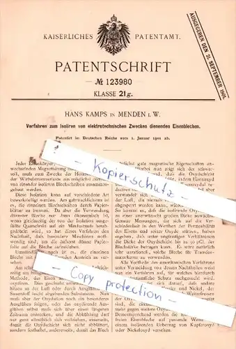 Original Patent  - Hans Kamps in Menden i. W. , 1901 , Isoliren von Eisenblechen !!!