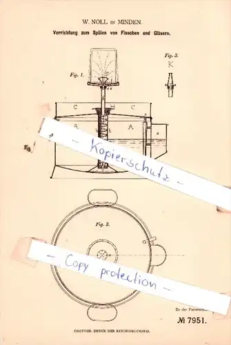 Original Patent  - W. Noll in Minden , 1879 , Vorrichtung zum Spülen von Flaschen und Gläsern !!!