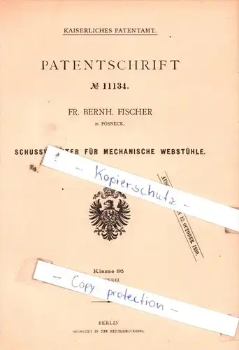 Original Patent  -  Fr. Bernh. Fischer in Pösneck , 1879 , Schusswächter für Webstühle !!!